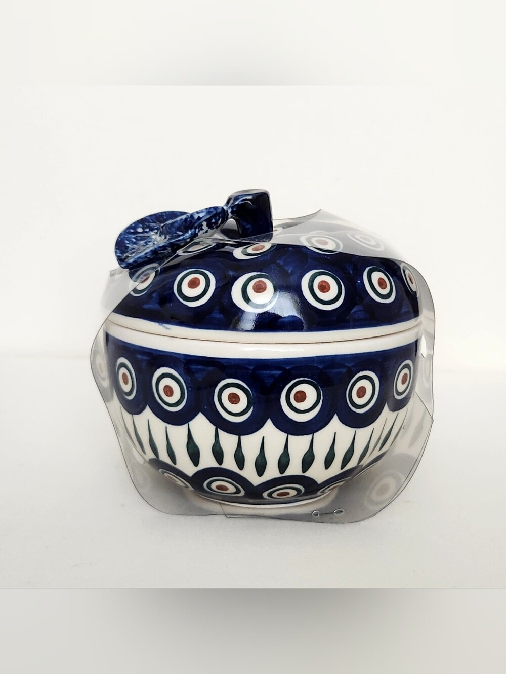 Polish Pottery Peacock 4.5" Apple Shaped Lidded Jar Bowl Fall Autumn Boleslawiec